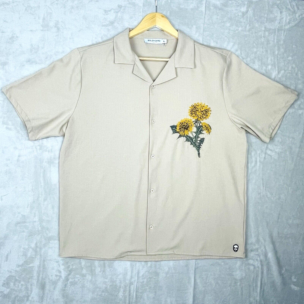 Bolongaro Trevor Dandelion Applique Men's XL Shirt Camp Collar Oatmeal Skull